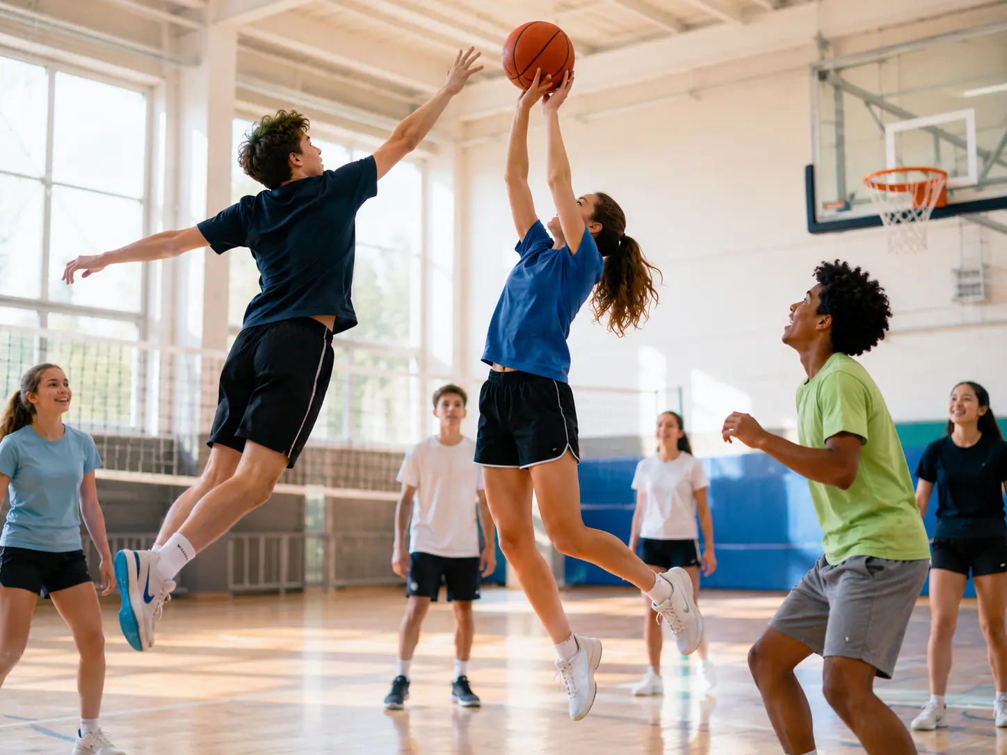Jugendliche beim Basketball in der Sporthalle