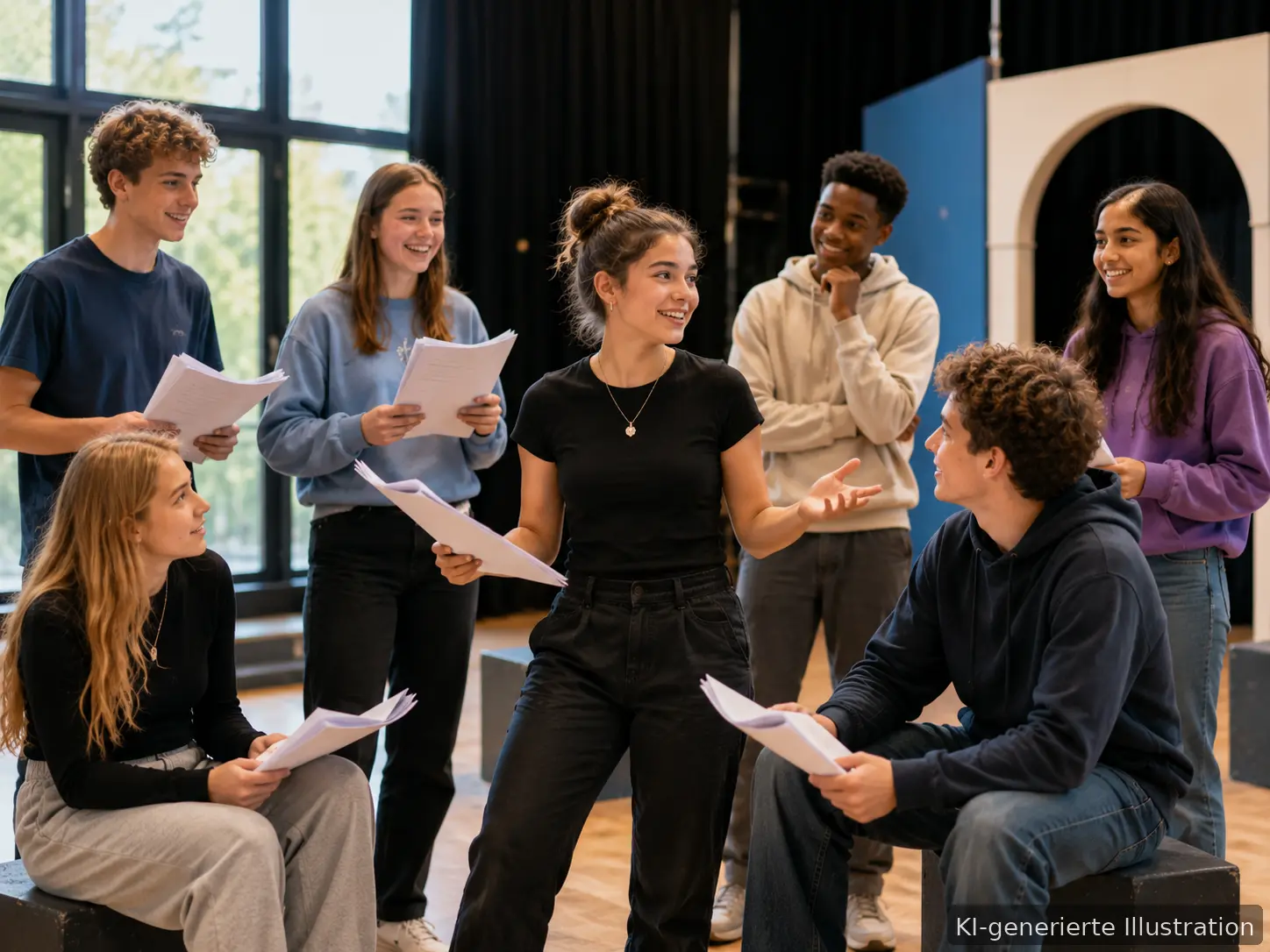 Theaterprobe mit Textbüchern im Theaterstudio