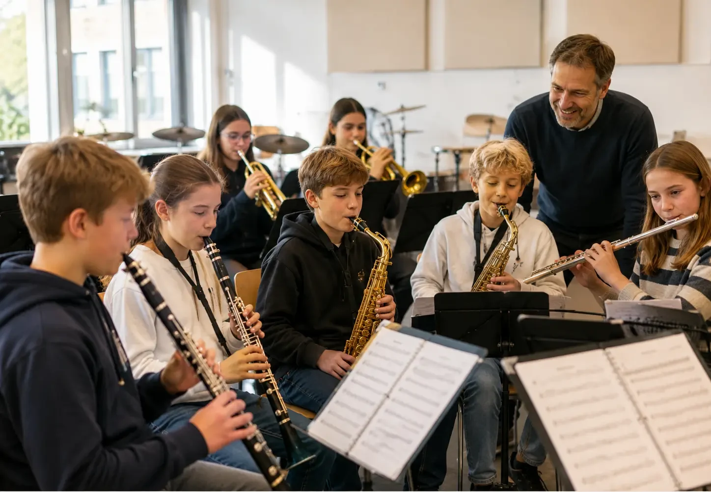 Musikklasse mit Klarinette, Saxofon und Querflöte im Proberaum