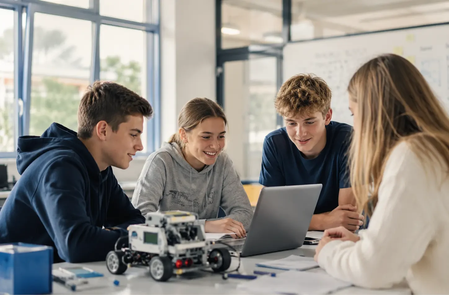 Schülerinnen und Schüler arbeiten mit Robotik und Laptop an einem Zukunftsprojekt
